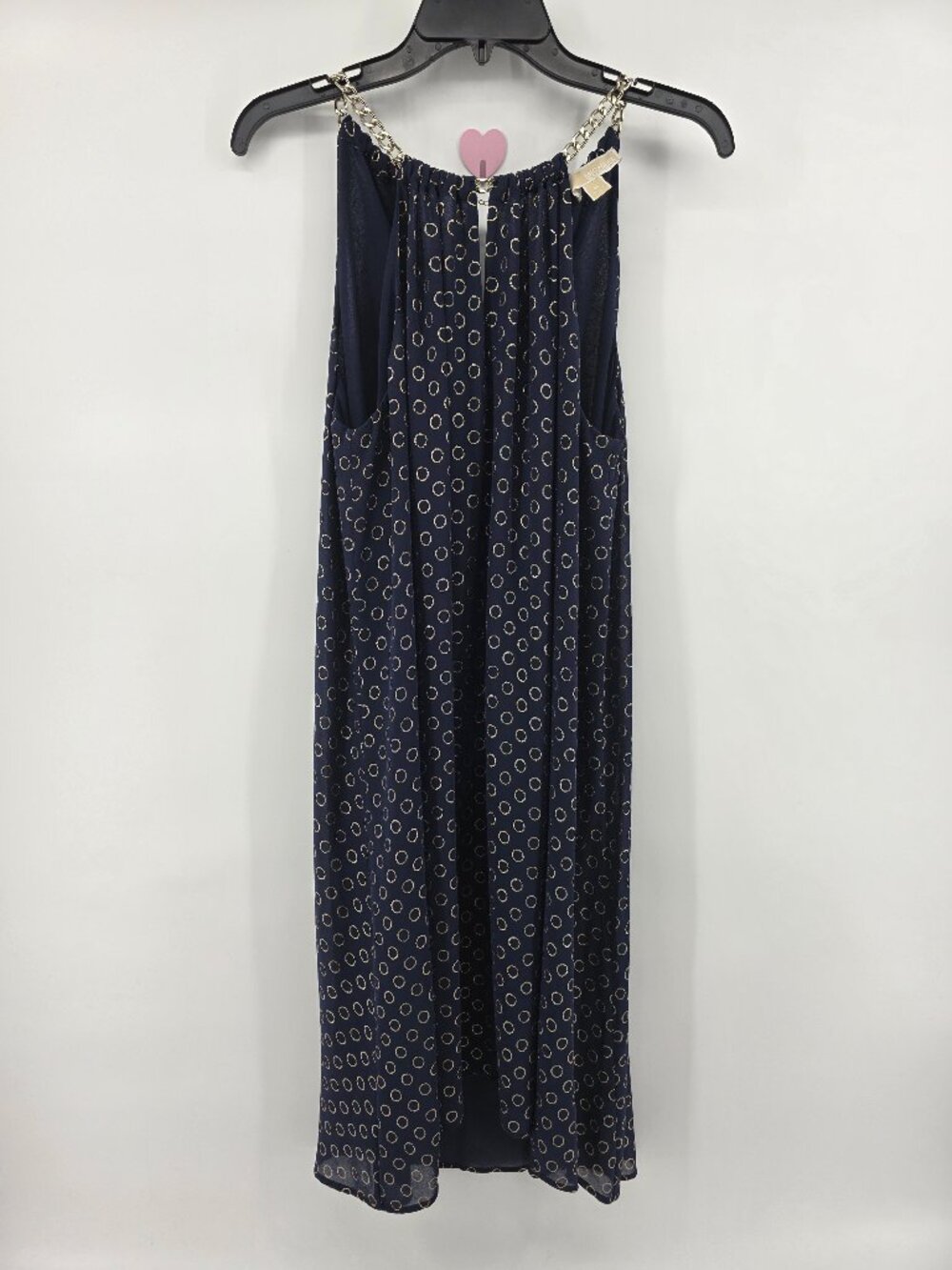 Michael Kors Navy Gold Circle Print Chain Strap Maxi Dress Size M Hi-Lo Halter